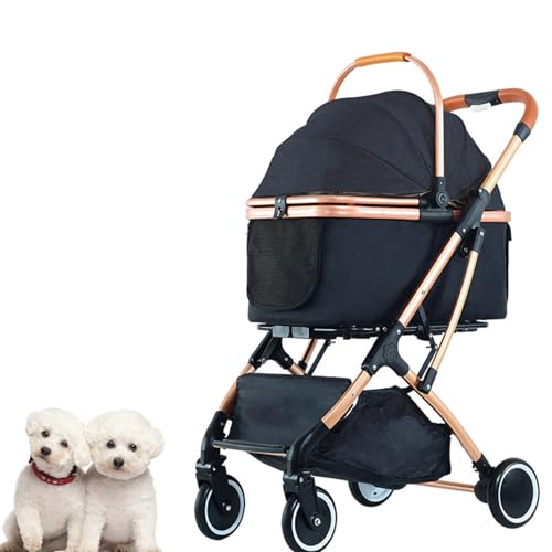 PJDDP Haustier-Kinderwagen, 3-In-1, Zusammenklappbar, Leicht, Mit Abnehmbarer Tragetasche Und Aufbewahrungskorb, Premium-Reisewagen Mit 4 Rädern Für Welpen, Hunde, Kätzchen,Schwarz von PJDDP