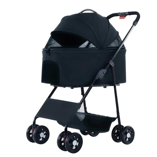 PJDDP Haustier-Kinderwagen, 3-In-1-Hundewagen Für Mittelgroße Und Kleine Hunde, Großer Katzenwagen Mit Abnehmbarer Tragetasche Für Reisen Und Camping,Linen Black von PJDDP