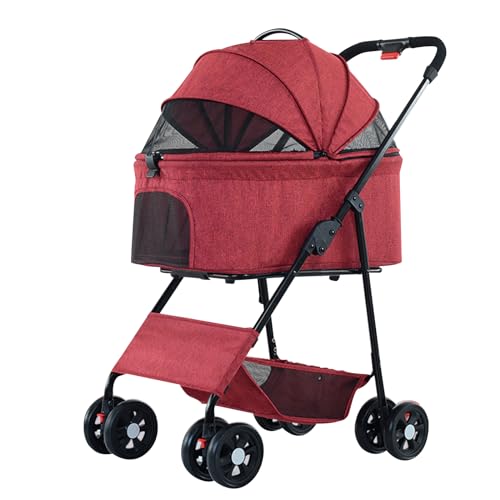 PJDDP Haustier-Kinderwagen, 3-In-1-Hundewagen Für Mittelgroße Und Kleine Hunde, Großer Katzenwagen Mit Abnehmbarer Tragetasche Für Reisen Und Camping,Linen red von PJDDP