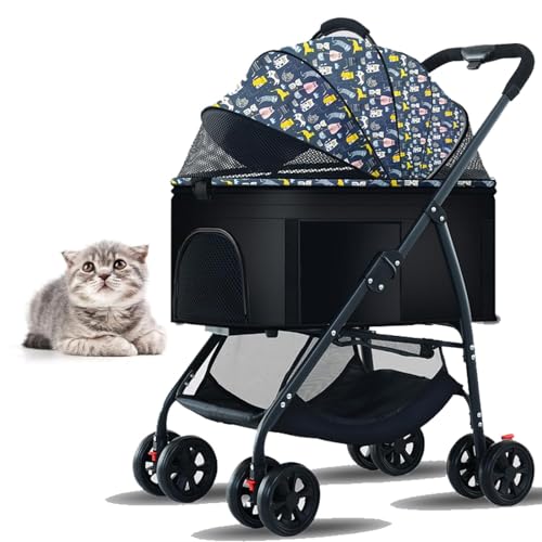 PJDDP Haustier-Kinderwagen, 3-In-1-Multifunktions-Haustier-Reisesystem, 4-Rad-Faltbarer Haustier-Kinderwagen Mit Aufbewahrungskorb Für Kleine, Mittelgroße Hunde Und Katzen,Blau von PJDDP