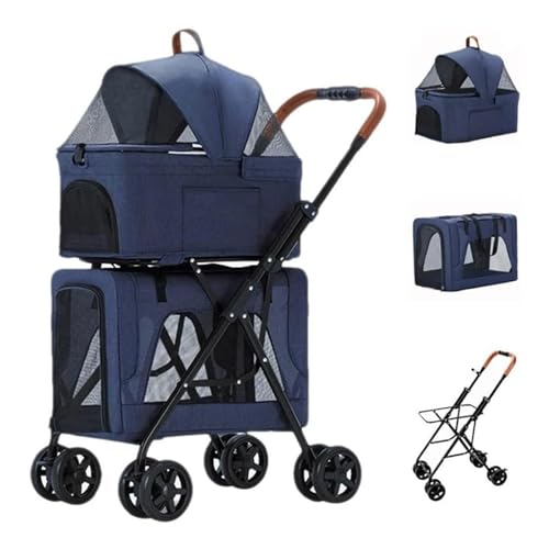 PJDDP Haustier-Kinderwagen, Doppel-Haustier-Kinderwagen Für Hunde Und Katzen, Einhändig Klappbarer Hunde-Reisewagen Für Kleine Mittelgroße Hunde Und Katzen, 4 Räder,Blau von PJDDP