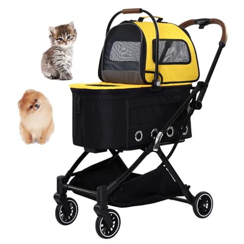 PJDDP Haustier-Kinderwagen, Doppelter Hundekinderwagen Mit Abnehmbarem Gepäckträger,4 Räder Faltbare Haustierwagen,360° Vorderrad Haustier Jogger Kinderwagen,Gelb von PJDDP