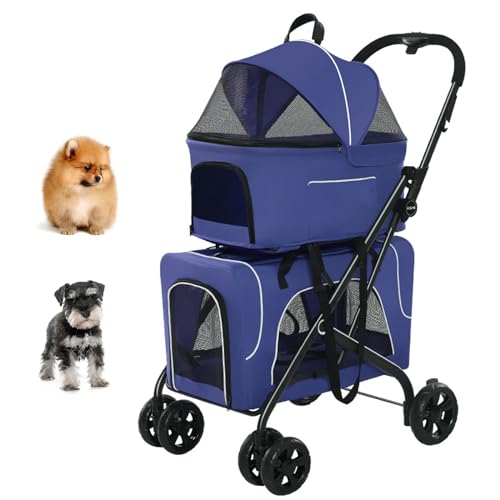 PJDDP Haustier-Kinderwagen, Doppelter Hundekinderwagen mit abnehmbarem Gepäckträger, Faltbarer, Leichter Haustierwagen mit 360°-Vorderrad, 4 in 1 Hunde-Jogging-Kinderwagen,Blau von PJDDP