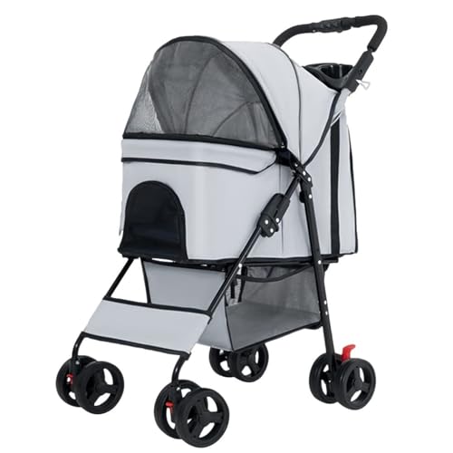 PJDDP Haustier-Kinderwagen, Faltbarer 4-Rad-Haustier-Kinderwagen, Hunde-Katzen-Kinderwagen Für Mittelgroße Kleine Hunde Und Katzen, Inklusive 360-Grad-Drehgelenk Am Vorderrad,Grau von PJDDP