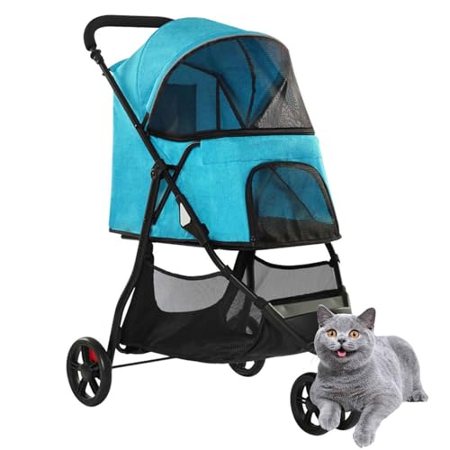 PJDDP Haustier Kinderwagen, Faltbarer Reise Haustier Kinderwagen Für Katzen & Hunde, Haustiertrolley Mit Netzfenster, Hundewagen Mit Aufbewahrungskorb,Lake Blue von PJDDP