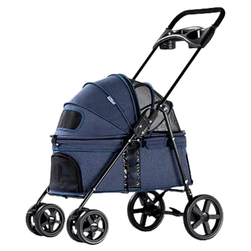 PJDDP Haustier-Kinderwagen, Hunde-Kinderwagen Mit Getränkehaltern, 360°-Vorderrad, Hinterrad Mit Bremse, Leichter Reise-Kinderwagen Für Kleine, Mittelgroße Hunde Und Katzen,Blau von PJDDP