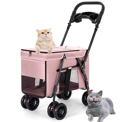 PJDDP Haustier-Kinderwagen, Hundewagen, Faltbarer Hundebuggy, Katzenwagen Für Kleine Und Mittelgroße Hunde, Ideal Für Spaziergänge Outdoor,Rosa von PJDDP