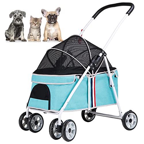 PJDDP Haustier Kinderwagen, Hundewagen Hundebuggy, Pet Stroller Haustierwagen Faltbar Klappbar Bis 20 Kg,Katzenwagen Mit Netzfenstern Für Kleine Haustiere Mit 4 Rädern,Blau von PJDDP