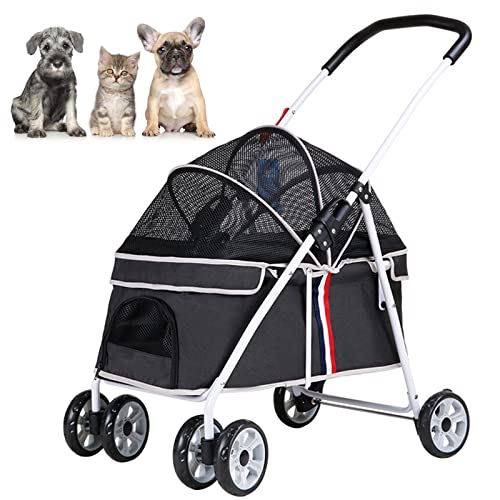 PJDDP Haustier Kinderwagen, Hundewagen Hundebuggy, Pet Stroller Haustierwagen Faltbar Klappbar Bis 20 Kg,Katzenwagen Mit Netzfenstern Für Kleine Haustiere Mit 4 Rädern,Schwarz von PJDDP