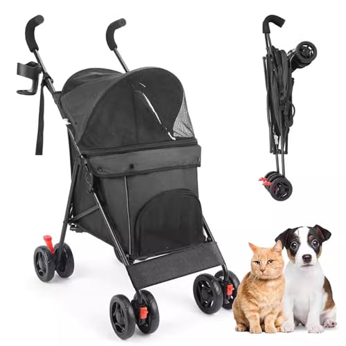 PJDDP Haustier-Kinderwagen, Katzen-Hunde-Kinderwagen, 4-Rad-Einfach Zusammenklappbarer Welpenkäfig-Jogger-Kinderwagen Mit Getränkehalter Für Kleine Katzen, Hunde, Welpen,Schwarz von PJDDP