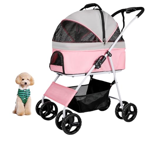 PJDDP Haustier-Kinderwagen 3-In-1, Haustier-Jogger-Kinderwagen All Terrain 4 Räder Travel Jogger Für Welpen Doggies Kitties Stroller Mit Abnehmbarem Korb Für Den Gepäckträger,Rosa von PJDDP