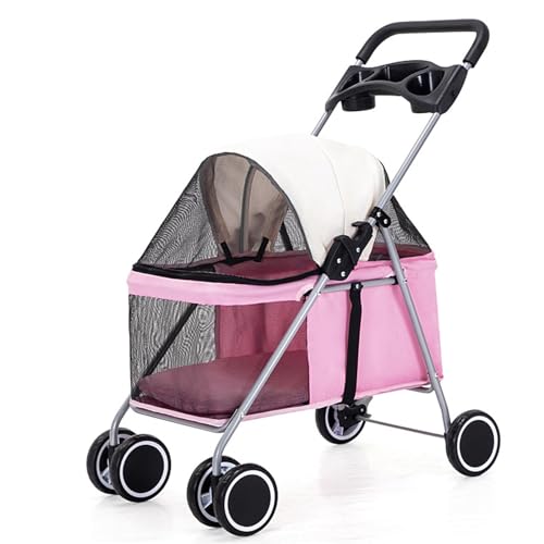 PJDDP Haustier-Kinderwagen Mit 4 Rädern, Faltbarer Hunde- Und Katzenkäfig-Jogger-Kinderwagen Mit Aufbewahrungskorb Und Getränkehalter,Rosa von PJDDP