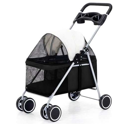 PJDDP Haustier-Kinderwagen Mit 4 Rädern, Faltbarer Hunde- Und Katzenkäfig-Jogger-Kinderwagen Mit Aufbewahrungskorb Und Getränkehalter,Schwarz von PJDDP