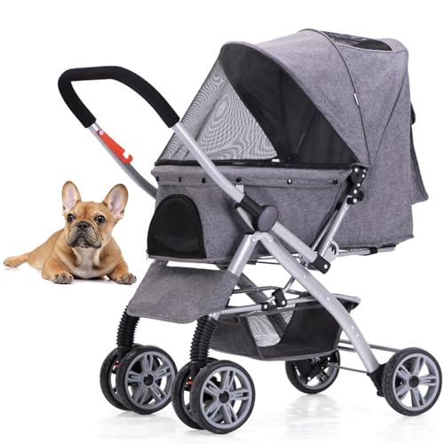 PJDDP Haustier-Kinderwagen Mit Vier Rädern, Hundekinderwagen Mit Umkehrbarem Griff Travel Jogger Faltbarer Haustier-Kinderwagen Mit Ablagekorb 360° Vorderrad Hinterrad Mit Bremse,Grau von PJDDP