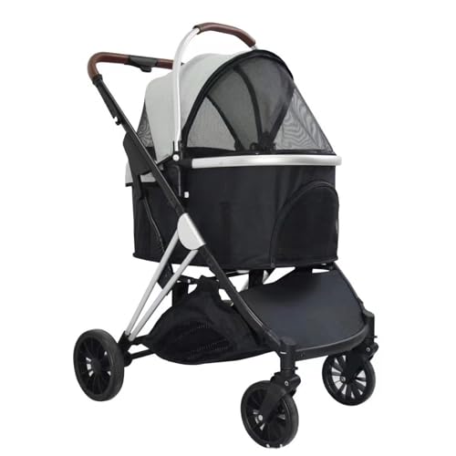 PJDDP Haustier-Kinderwagen Premium 3-In-1 Für Kleine Hunde, Hunde-Kinderwagen Mit Abnehmbarer Tragetasche, Faltbarer Reise-Joggingwagen Mit Aufbewahrungskorb,Grau von PJDDP