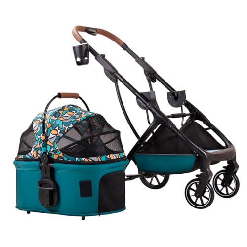 PJDDP Haustier-Kinderwagen Premium 3-In-1 Für Kleine Hunde, Hunde-Kinderwagen Mit Abnehmbarer Tragetasche, Faltbarer Reise-Joggingwagen Mit Aufbewahrungskorb,Grün von PJDDP