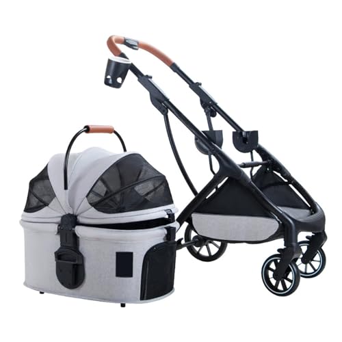 PJDDP Haustier-Kinderwagen Premium 3-In-1 Für Kleine Hunde, Hunde-Kinderwagen Mit Abnehmbarer Tragetasche, Faltbarer Reise-Joggingwagen Mit Aufbewahrungskorb,Light Gray von PJDDP