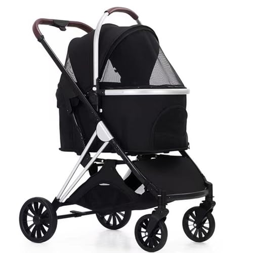 PJDDP Haustier-Kinderwagen Premium 3-In-1 Für Kleine Hunde, Hunde-Kinderwagen Mit Abnehmbarer Tragetasche, Faltbarer Reise-Joggingwagen Mit Aufbewahrungskorb,Schwarz von PJDDP