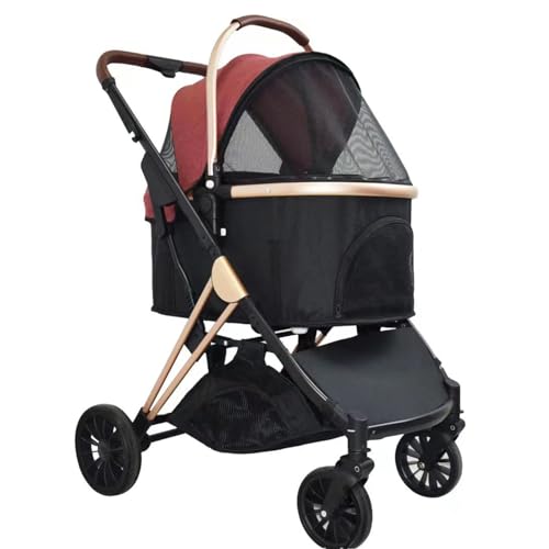 PJDDP Haustier-Kinderwagen Premium 3-In-1 Für Kleine Hunde, Hunde-Kinderwagen Mit Abnehmbarer Tragetasche, Faltbarer Reise-Joggingwagen Mit Aufbewahrungskorb,Wine von PJDDP