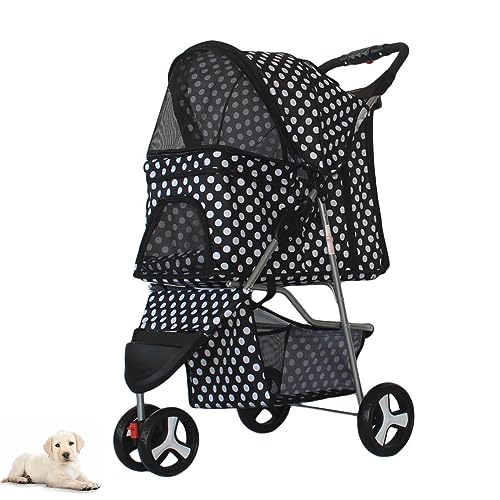 PJDDP Haustier-Kinderwagen mit 3 Rädern und Aufbewahrungskorb für mittelgroße kleine Hunde und Katzen, Jogger-Katzen-Hundekäfig, zusammenklappbarer Reise-Kinderwagen,Black dots von PJDDP