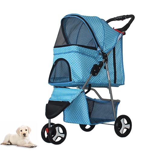 PJDDP Haustier-Kinderwagen mit 3 Rädern und Aufbewahrungskorb für mittelgroße kleine Hunde und Katzen, Jogger-Katzen-Hundekäfig, zusammenklappbarer Reise-Kinderwagen,Blue dots von PJDDP