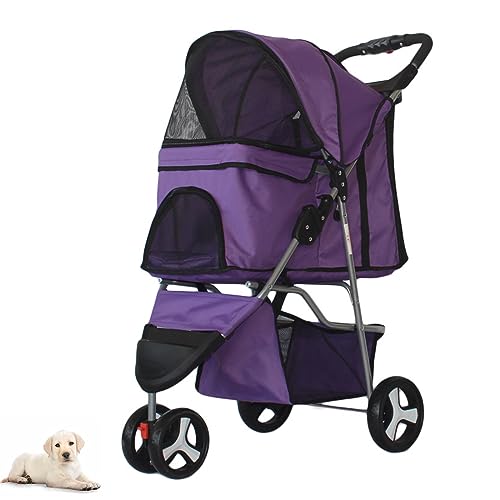 PJDDP Haustier-Kinderwagen mit 3 Rädern und Aufbewahrungskorb für mittelgroße kleine Hunde und Katzen, Jogger-Katzen-Hundekäfig, zusammenklappbarer Reise-Kinderwagen,Lila von PJDDP