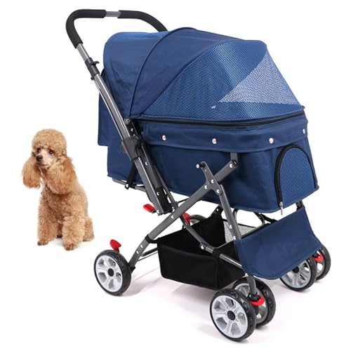 PJDDP Haustier-Reisewagen, Haustier-Kinderwagen 4 Räder Faltbar Katze Hund Haustier Carrier Trolley Cart 360° Drehbares Vorderrad Travel Carrier Haustier Hund Kinderwagen,Blau von PJDDP