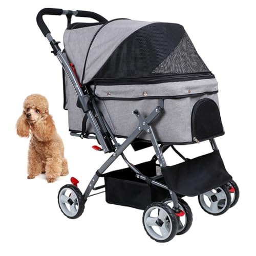 PJDDP Haustier-Reisewagen, Haustier-Kinderwagen 4 Räder Faltbar Katze Hund Haustier Carrier Trolley Cart 360° Drehbares Vorderrad Travel Carrier Haustier Hund Kinderwagen,Grau von PJDDP