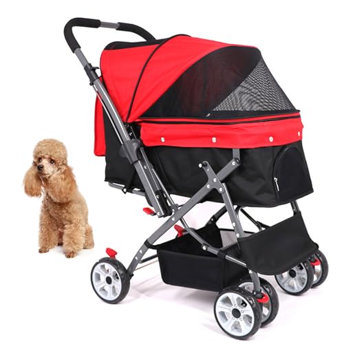 PJDDP Haustier-Reisewagen, Haustier-Kinderwagen 4 Räder Faltbar Katze Hund Haustier Carrier Trolley Cart 360° Drehbares Vorderrad Travel Carrier Haustier Hund Kinderwagen,Rot von PJDDP