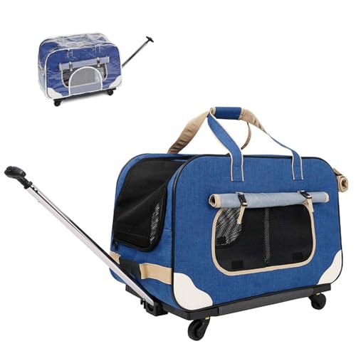 PJDDP Haustier-Transportbox Mit Rollen, Transporttasche Mit Abnehmbaren Rollen, Katzen Transportboxen Faltbar, Super Belüftetes Design, Für Kleine Mittelgroße Hunde Und Katzen,Blau von PJDDP