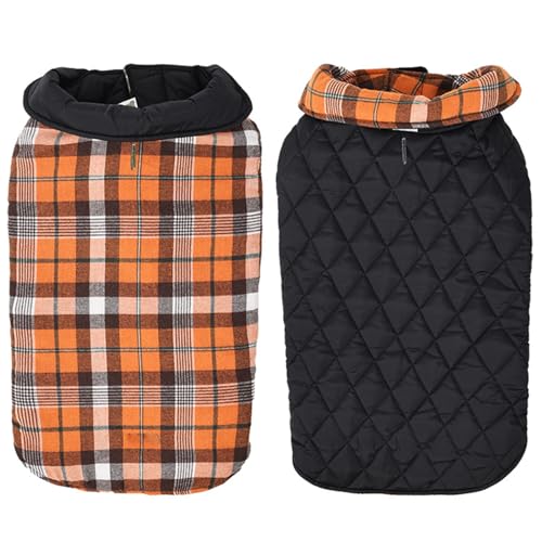 PJDDP Haustierhund kaltes Wettermäntel, Karierte Hundekleidung Hunde Winterweste Reversible Winterhundjacke wasserdichte Hundejacke Easy Hundeweste,Orange,XS von PJDDP