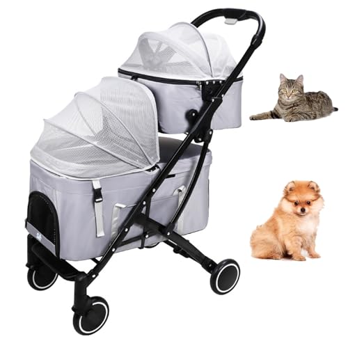 PJDDP Haustierwagen, Leichter Hunde Kinderwagen, Doppeldecker Haustier Kinderwagen, 4 Räder Klappernte Hundewagen, 360 ° Vorderrad Pet Jogger Kinderwagen, Reiseträger Der Einen Wagen,Grau von PJDDP