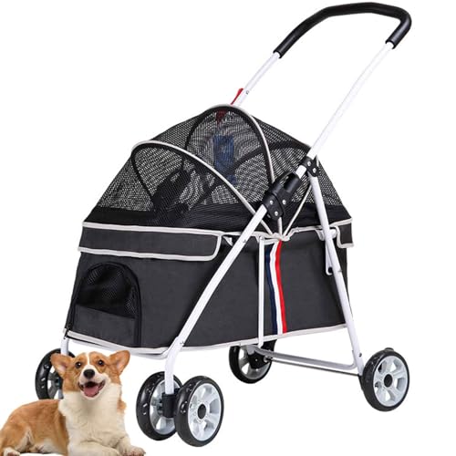 PJDDP Haustierwagen, Zusammenklappbarer Katzen-/Hundebuggy, Hunde-Kinderwagen Für Mittelgroße Hunde Und Katzen, Reisewagen Mit 4 Rädern Für Haustiere,Schwarz von PJDDP