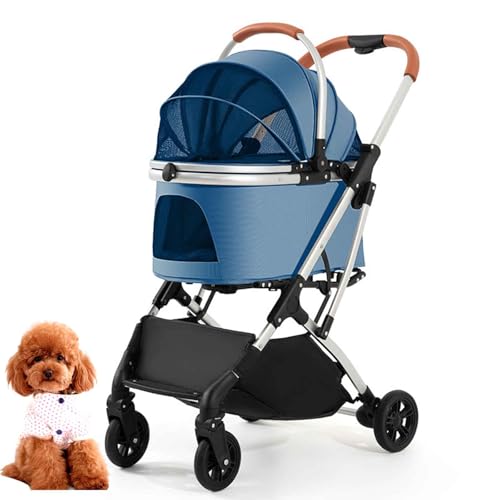 PJDDP Haustierwagen, Zusammenklappbarer Katzen-/Hundebuggy Mit Aufbewahrungskorb, Tragbarer Haustier Kinderwagen, Leicht, Praktisch, Abnehmbar,Blau von PJDDP