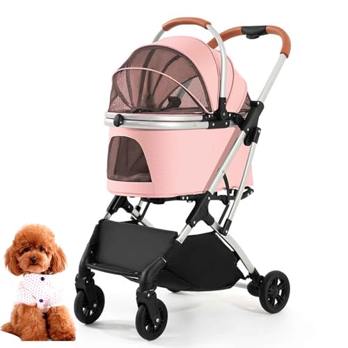 PJDDP Haustierwagen, Zusammenklappbarer Katzen-/Hundebuggy Mit Aufbewahrungskorb, Tragbarer Haustier Kinderwagen, Leicht, Praktisch, Abnehmbar,Rosa von PJDDP