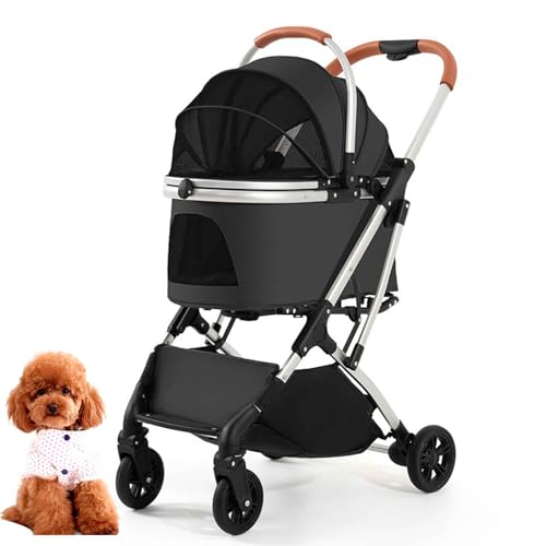 PJDDP Haustierwagen, Zusammenklappbarer Katzen-/Hundebuggy Mit Aufbewahrungskorb, Tragbarer Haustier Kinderwagen, Leicht, Praktisch, Abnehmbar,Schwarz von PJDDP