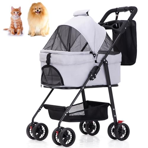 PJDDP Hund-Katze-Käfig Jogger Kinderwagen, 3 in 1 Kinderwagen Für Haustiere Mit Abnehmbarem Gepäckträger, 4 Räder Drehen Sich Um 360 Grad Mit Bremsen,Mit Ablagekorb Und Getränkehalter,Grau von PJDDP