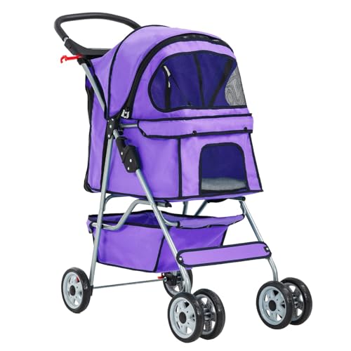 PJDDP Hunde-Kinderwagen, Zusammenklappbarer Reise-Haustier-Kinderwagen Für Kleine Und Mittelgroße Hunde, Katzen, Jogger-Kinderwagen Mit Aufbewahrungskorb, Getränkehalter,Lila von PJDDP