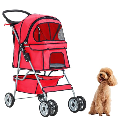 PJDDP Hunde-Kinderwagen, Zusammenklappbarer Reise-Haustier-Kinderwagen Für Kleine Und Mittelgroße Hunde, Katzen, Jogger-Kinderwagen Mit Aufbewahrungskorb, Getränkehalter,Rot von PJDDP