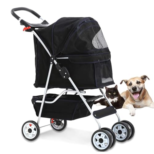 PJDDP Hunde-Kinderwagen, Zusammenklappbarer Reise-Haustier-Kinderwagen Für Kleine Und Mittelgroße Hunde, Katzen, Jogger-Kinderwagen Mit Aufbewahrungskorb, Getränkehalter,Schwarz von PJDDP