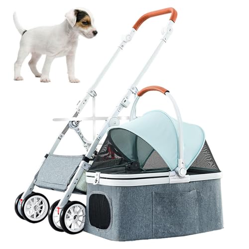 PJDDP Hunde-Kinderwagen 3-In-1, Klappbarer Kinderwagen Für Haustiere Leichter 4-Rad-Katzen-Kinderwagen Ohne Reißverschluss Abnehmbare Tragetasche Gestell Aus Aluminiumlegierung,Blau von PJDDP