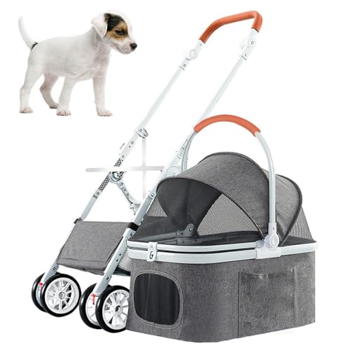 PJDDP Hunde-Kinderwagen 3-In-1, Klappbarer Kinderwagen Für Haustiere Leichter 4-Rad-Katzen-Kinderwagen Ohne Reißverschluss Abnehmbare Tragetasche Gestell Aus Aluminiumlegierung,Grau von PJDDP