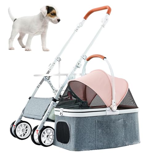 PJDDP Hunde-Kinderwagen 3-In-1, Klappbarer Kinderwagen Für Haustiere Leichter 4-Rad-Katzen-Kinderwagen Ohne Reißverschluss Abnehmbare Tragetasche Gestell Aus Aluminiumlegierung,Rosa von PJDDP