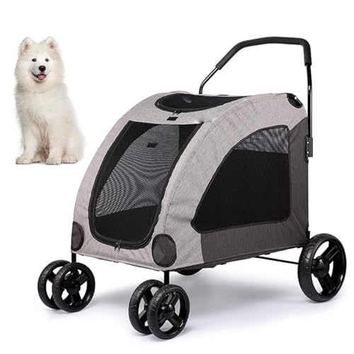 PJDDP Hunde-Kinderwagen Für Große Hunde, 4-Rad Faltbarer Reiseträger Atmungsaktiver Tierkinderwagen Einfacher EIN- Und Ausstieg Double Doggie Kapazität Jogger Wagon Bis Zu 120 Lbs,Grau von PJDDP