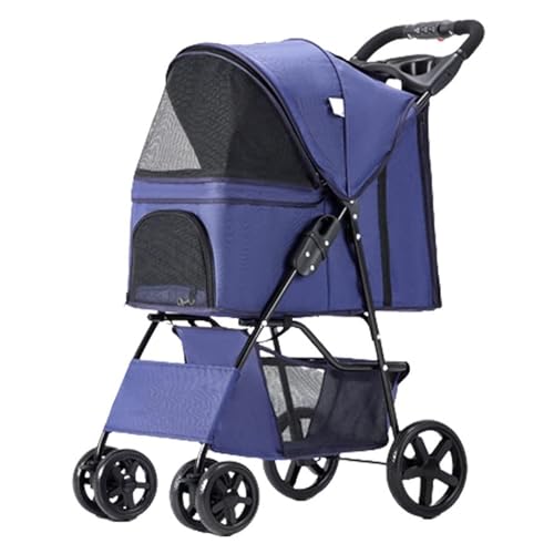 PJDDP Hunde- Und Katzen-Kinderwagen, 4-Rad-Haustier-Kinderwagen Mit Aufbewahrungskorb Und Getränkehalter Für Kleine Und Mittelgroße Katzen, Hunde-Reise-Klappwagen,Blau von PJDDP