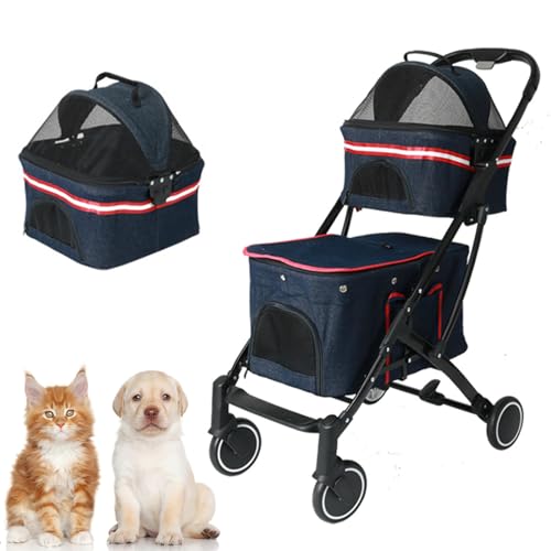 PJDDP Hunde- Und Katzen-Kinderwagen Mit 4 Rädern, Haustier-Kinderwagen, Doppel-Haustier-Kinderwagen Für Kleine Und Mittelgroße Hunde, Mit Abnehmbarem Träger Für Reisen Und Camping von PJDDP