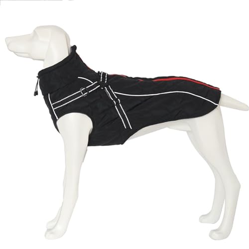 PJDDP Hunde Wintermantel mit Gurt, Hund Wintermantel mit Rücken Reißverschluss Fleece Hundeweste mit Leinenring winddichtem reflektierender Hund Weste,Schwarz,S von PJDDP