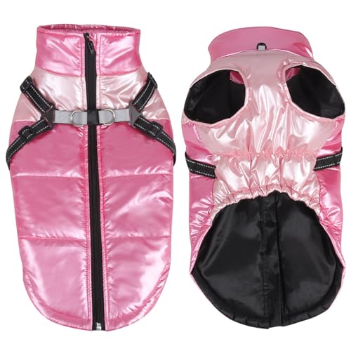 PJDDP Hunde Wintermantel mit Gurt, Hundebel mit reflektierender Streifen wasserdichte Winddichte Hundejacke Kleidung hoher Kragen mit warmem Futter,Rosa,M von PJDDP