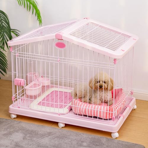 PJDDP Hundebox, Welpenkäfig Aus Metall Mit Universalrädern, 2 Türen Und Abnehmbarer Kunststoffschale, Haustierhütte Für Kleine Bis Mittelgroße Hunde,Rosa,Large Size von PJDDP