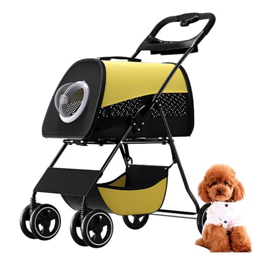 PJDDP Hundebuggy, 2 in 1 Hundebuggy Faltung Hundewagen, Hundetrolley Für Kleine Und Mittle Hunde Mit Netzfenstern, Getränkehalter, Aufbewahrungskorb,Gelb von PJDDP